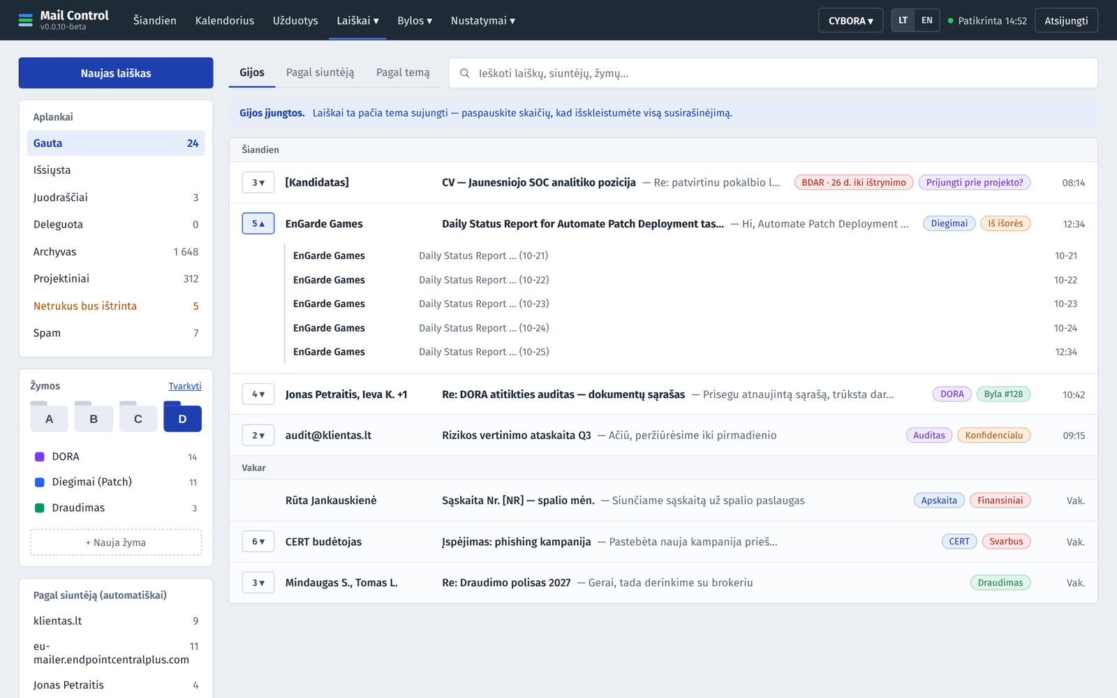 Mail Control screen: inbox